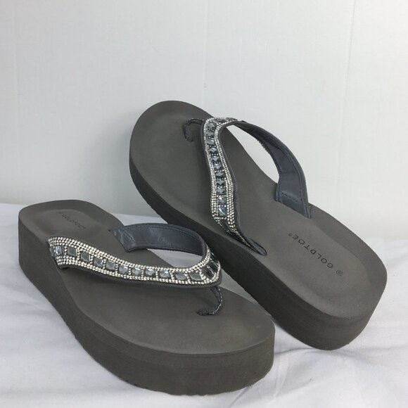 Gold Toe Platform Wedge Thong Sparkle Embellished Sandals Size 10 EXCELLENT - Picture 1 of 6